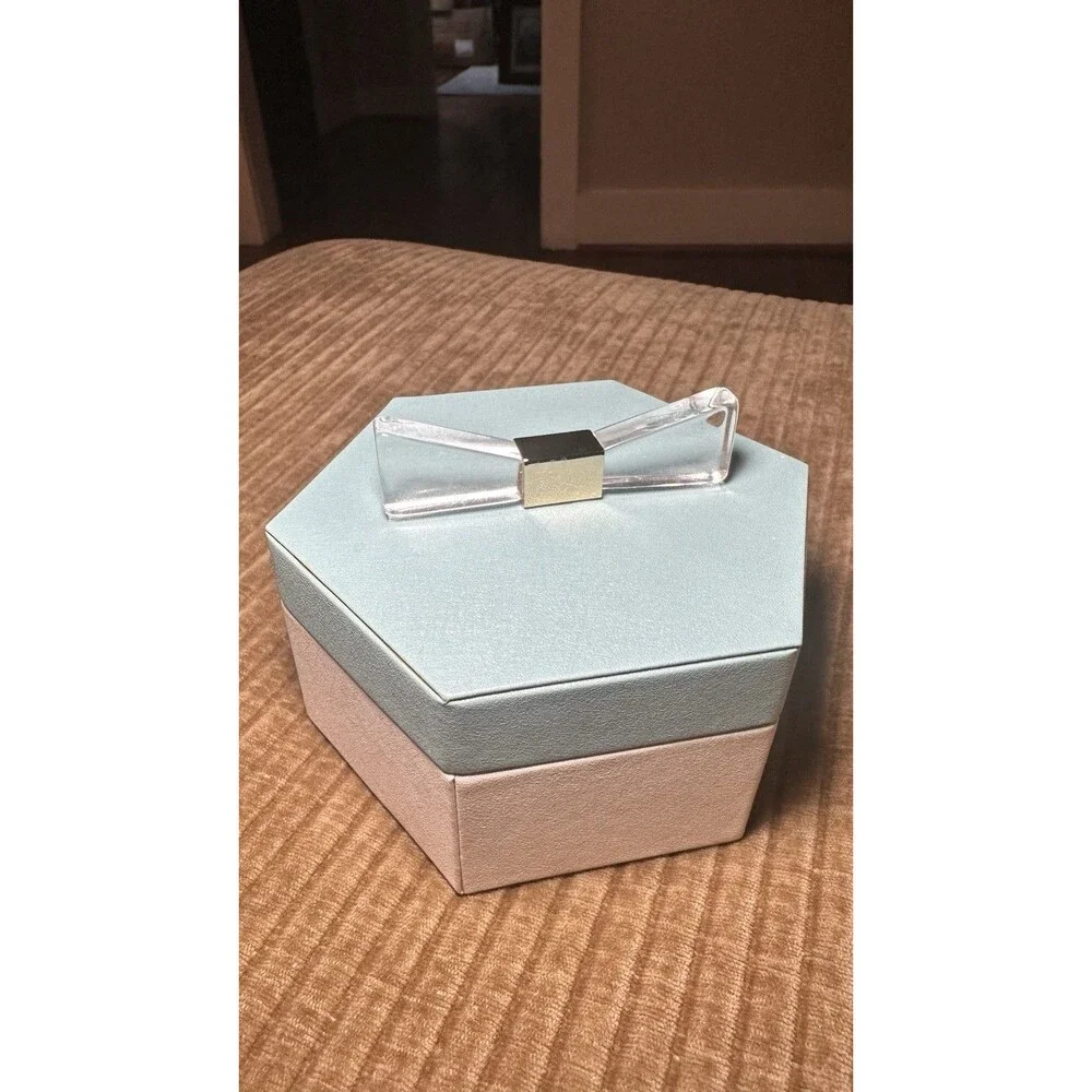 Tiffany Blue & White Jewelry Box Acrylic Bow Gold Accent Gray Interior
